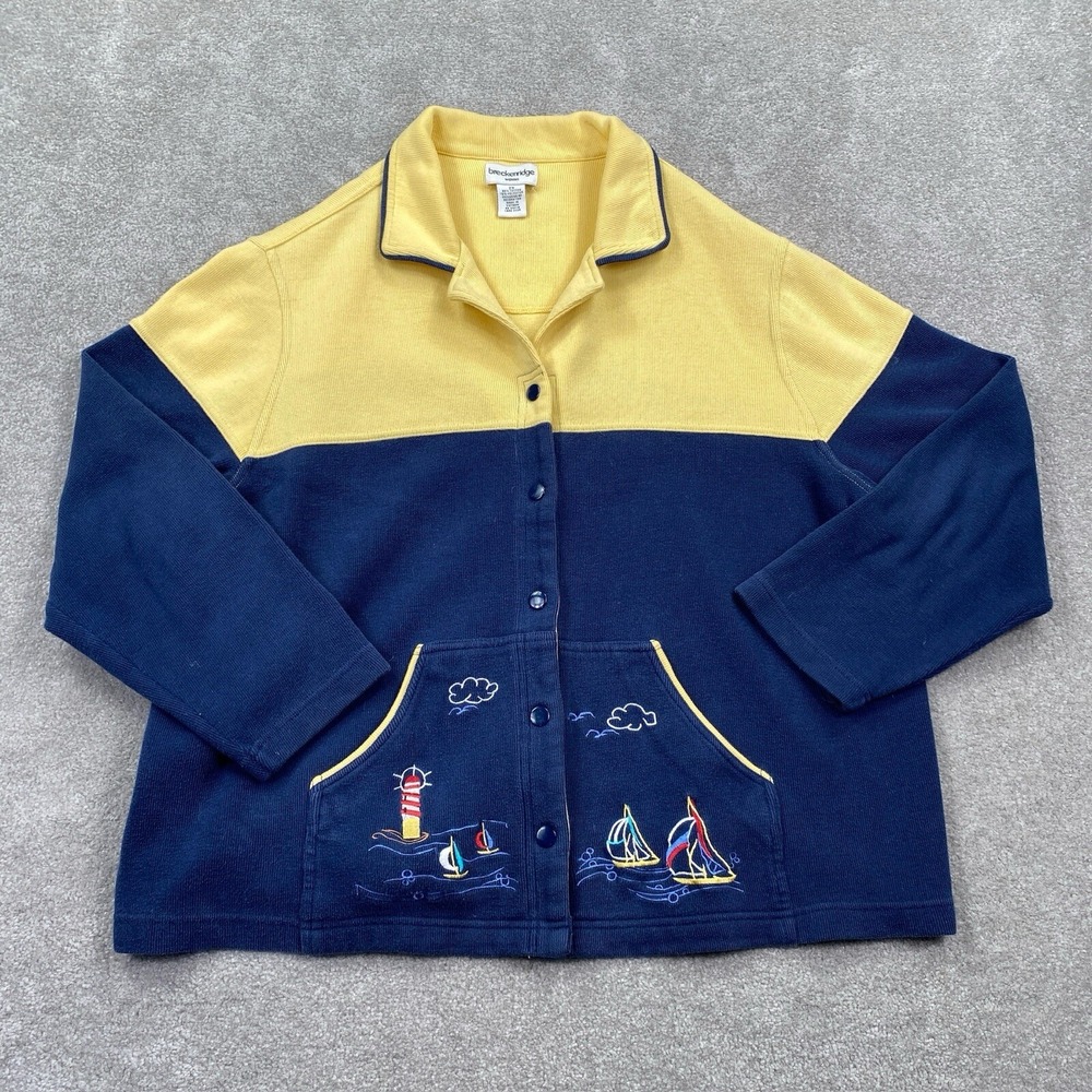 Breckenridge Button Up Sweater Size XXL Blue Yellow Sailboat Embroidery